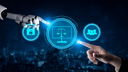 AI for data privacy protection and cyber law regulation. A concept of digital justice, user rights, and security policy with AI information protection. Motif