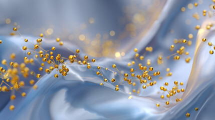 Abstract Molecular Structure Background with Golden Atoms and Bonds Floating on Soft Blue Silk Fabric Texture for Science Technology Luxury Cosmetics Medical Research and Pharmaceutical Branding