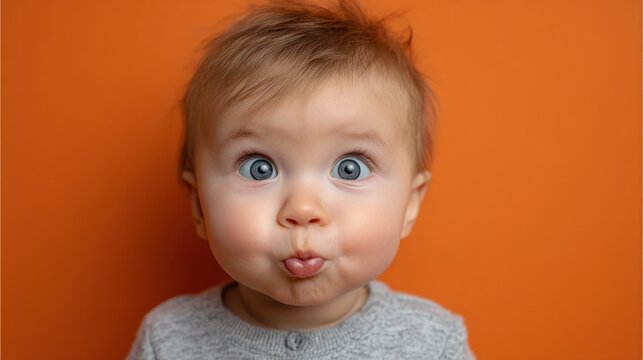 Up shot of a caucasian baby against an Orange background. The baby is making a goofy face, sticking out its tongue with wide eyes