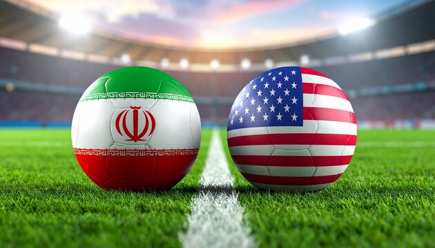 Iran and US-themed soccer balls on stadium grass, symbolizing international sports rivalry.