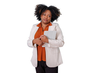 Black woman business professional holding tablet, thinking about strategy for success, leadership and innovation