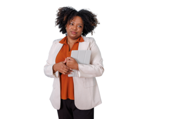 Black woman business professional holding tablet, thinking about strategy for success, leadership and innovation