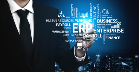 This image illustrates key business concepts emphasizing ERP systems, payroll management, and human resources strategies within a modern digital landscape. Tessel