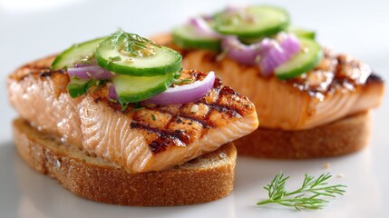 Two open toast bread slices have been topped with grilled salmon pieces, cucumber slices, and red onion rings. Dill garnish completes these tasty snacks