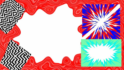 Vibrant red ornate frame with abstract patterns and explosion effects surrounding a blank space
