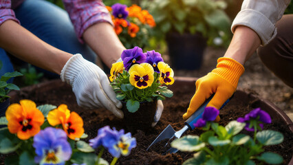 Hands planting colorful pansies into a garden bed with gloves and a trowel during an outdoor community gardening session, showing care, patience, and teamwork in cultivating flowers for growth
