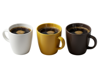 Three distinct minimalist glazed ceramic mugs (white, mustard, dark brown) with steaming black coffee and crema, isolated on bright white, subtle shadows, copy space. Premium beverage advertising