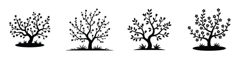 Obraz premium Spring Blossom Tree Silhouette Vector Set – Floral Blooming Trees Illustration, Nature Black Silhouette Clipart, Seasonal Decorative Plant Design for Spring and Garden Art