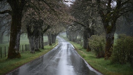 Rainy country road through trees