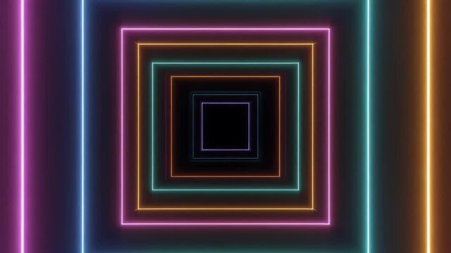 A mesmerizing tunnel of brightly colored neon light shapes receding into darkness.