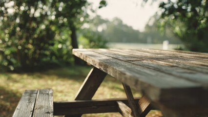 Fototapeta premium Rustic picnic table in a serene park setting