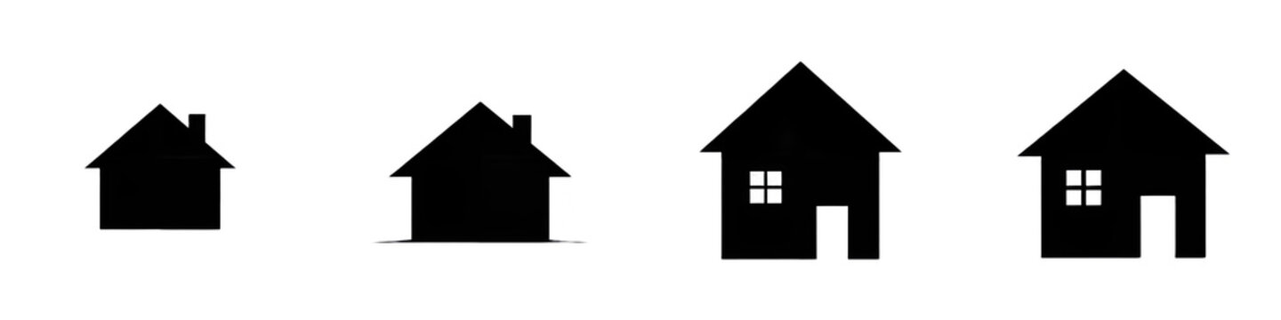 Set of Black House Silhouettes Different Home Shapes Isolated on White Transparent PNG Background