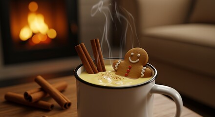 gingerbread man in cinnamon latte by fireplace