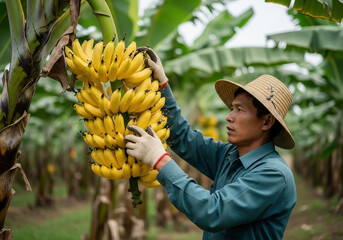 Banana picker in the middle of the harvest on his farm