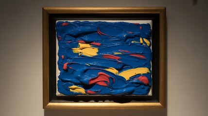 Vibrant abstract art piece featuring thick blue paint with red and yellow accents displayed in a wooden frame on a contrasting wall.