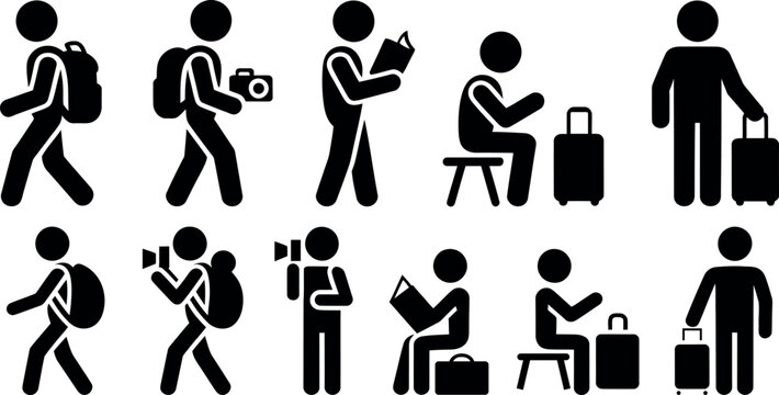 Collection of simple black pictogram icons depicting people engaged in travel activities like walking with backpacks photography reading and handling luggage