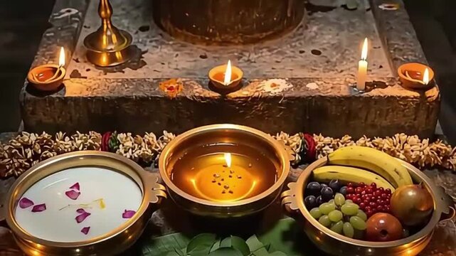 Mahashivratri Puja Setup with Fruits and Lit Diyas on Stone Altar