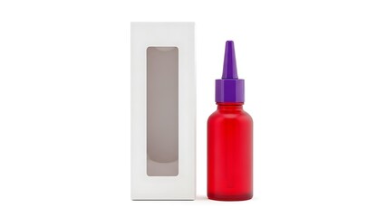 Obraz premium Red cosmetic bottle with purple cap next to white packaging red bottle cosmetic packaging white box product display