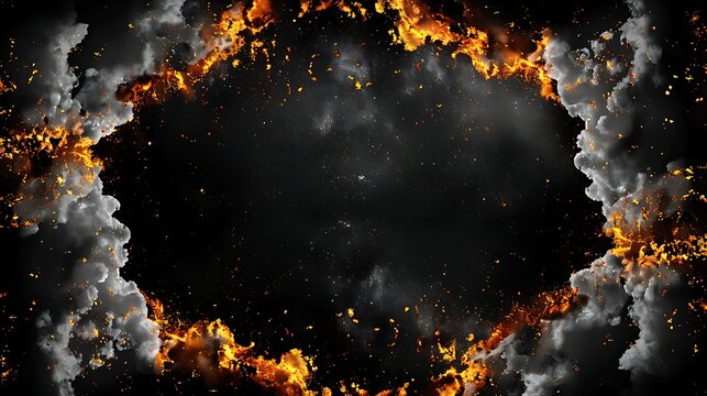 Fiery Explosion with Smoke and Sparks on Black Background, Abstract Energy Concept