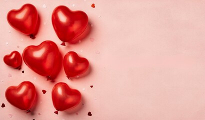 Valentine’s Day background with red metallic heart balloons, top view flat lay, pink festive backdrop, love and romance concept with copy space for text