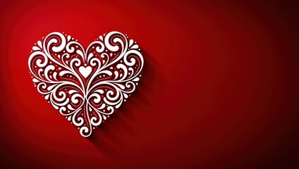 Elegant white ornate heart design on a vibrant red background, symbolizing love and passion with intricate scrollwork
