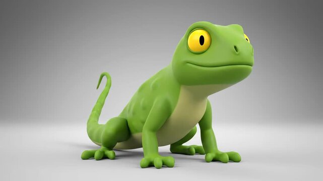 Funny 3D cartoon green lizard mascot character standing with a skeptical and sleepy expression, isolated against a bright studio backdrop.