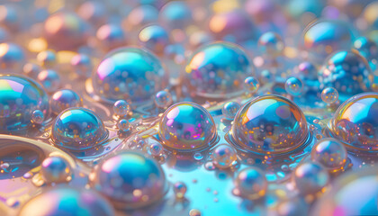Vibrant iridescent bubbles floating on shimmering liquid surface