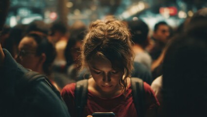 Woman using smartphone in crowded place