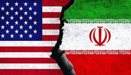 Split US and Iran flags with jagged crack symbolizing division and geopolitical tension.