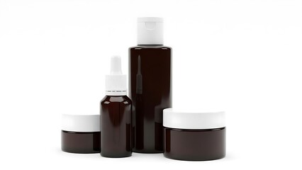 Dark brown cosmetic bottles and jars with white caps