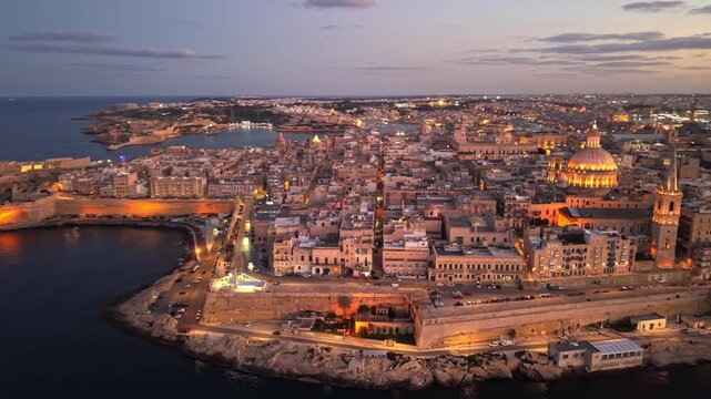 Aerial images of the town of Valetta, Malta, during sunset, 1-inch sensor, 4k 30fps