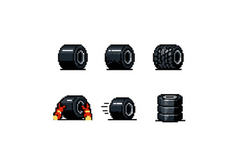 Obraz premium Pixel art Formula 1 tire set with various states and actions