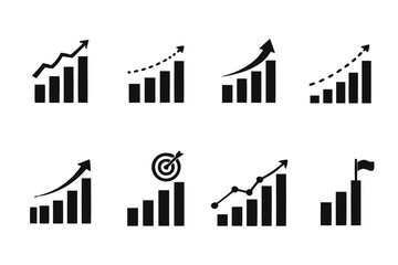 Black business growth chart icon set with bar graphs, dotted trend arrows, KPI target and flag. Ideal for analytics dashboards, finance reports, pitch decks, quarterly reviews, and app UI.