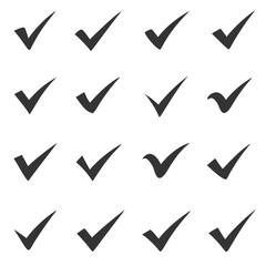 Collection of black check marks in many styles, isolated on white. Minimal tick icons for approval, verification, to-do lists, UI buttons, forms, quality control, apps and checklists.