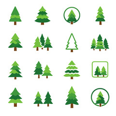 Set of green pine and fir tree icons in flat style, single trees and small forest groups. Perfect for nature branding, eco projects, Christmas graphics, outdoor maps, stickers and patterns.