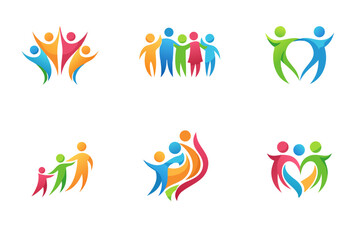 Colorful abstract people icons showing teamwork, community, family and support with heart shapes and group hugs. Great for social projects, charity logos, wellness, inclusion and unity.