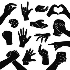 Black hand gesture silhouettes: pointing, fist, clapping, pinch, stop palm, love heart hands, rock sign and facepalm. Useful for communication icons, UI buttons, posters and infographics.
