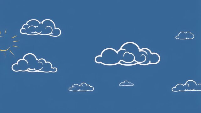 Cartoon style white outline clouds floating across a deep blue sky with a small yellow sun icon.