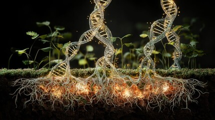 Organic DNA helix growing from plant roots