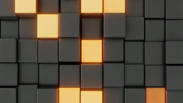 Abstract background of glowing orange cubes interspersed within a dark gray block pattern.