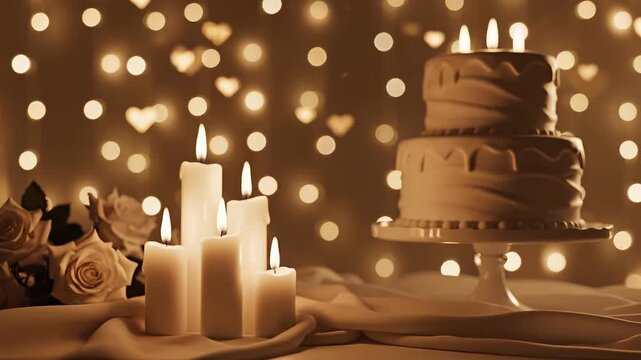 Romantic sepia toned scene featuring burning white pillar candles positioned closely next to an elegant tiered wedding cake surrounded by soft light.