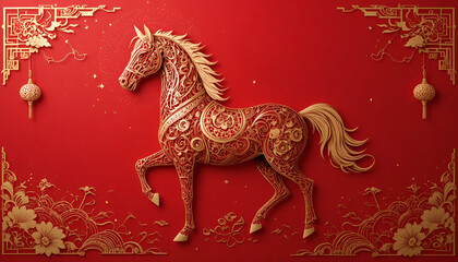 Elegant horse in traditional Chinese design on red background for Lunar New Year