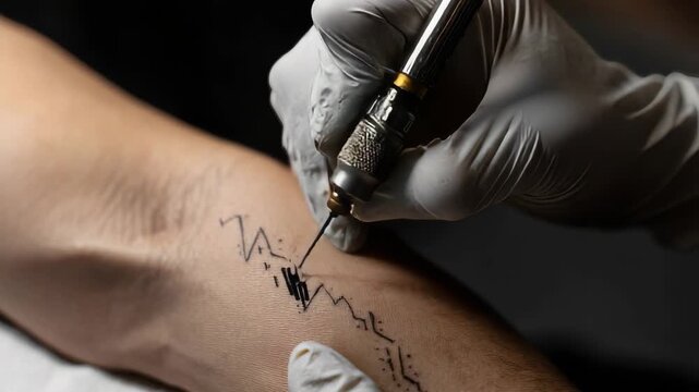 Close-up of a tattoo artist's gloved hands creating a geometric pattern on skin