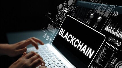Innovative Digital Technology Concept Featuring Blockchain Text on Laptop Screen with Data Visualization Elements. Asymptotic smart data analytic.