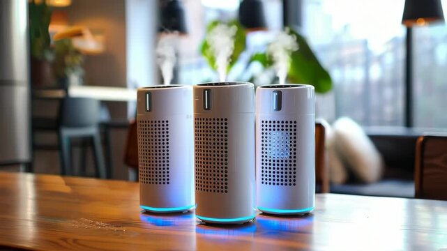 Modern air purifier and humidifier operating on wooden table