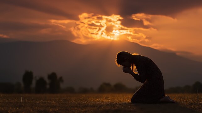 A woman kneeling in prayer as a divine beam of light descends from heaven at sunset, symbolizing humility, faith, and God&rsquo;s merciful response.