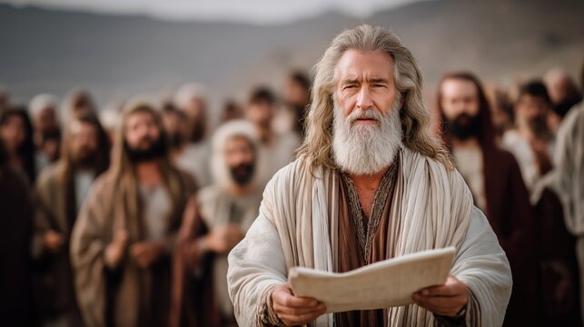 Ezra reads the Law to the gathered people at sunrise, symbolizing reverence for God&rsquo;s word, spiritual renewal, and the restoration of faith among the people.