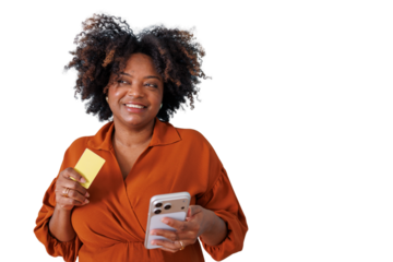 African american woman smiling, paying using credit card and smartphone for online shopping, transparent background