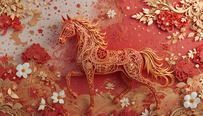 Elegant golden horse in intricate floral pattern with red background