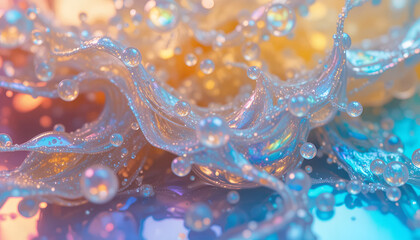 Vibrant iridescent wave with shimmering water droplets in colorful gradient light